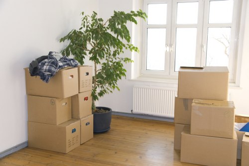 Packed office items prepared for unpacking in Camden