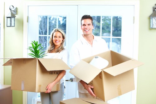 Packed office equipment ready for transport during a Camden relocation