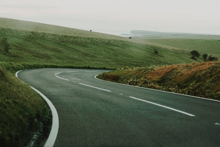 A winding country road with fresh white lane markings curves through green rolling hills under a cloudy sky. The grassy landscape features patches of brown and orange foliage along the roadside, with 